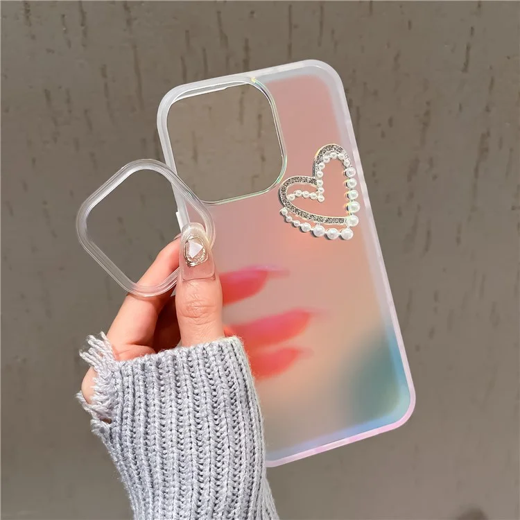 For iPhone 12 / 12 Pro Matte Case Shockproof PC+TPU Phone Cover with Pearls Heart Decor - Transparent