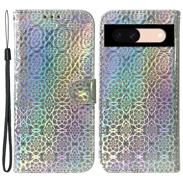 For Google Pixel 8a Case PU Leather Dazzling Flower Phone Cover with Card Slots - Grey