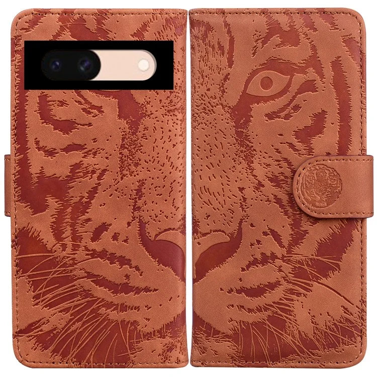 Pour Google Pixel 8a Wallet Case Tiger Pattern PU Leather Full Protection Phone Cover - Marron