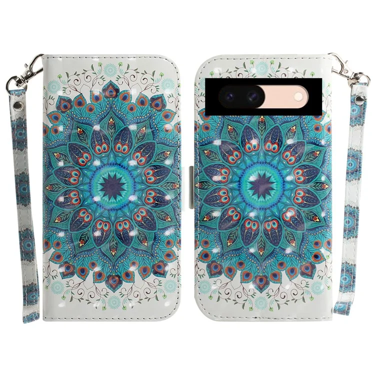 For Google Pixel 8a Wallet Case PU Leather Pattern Printing Flip Phone Cover - Peacock Wreath