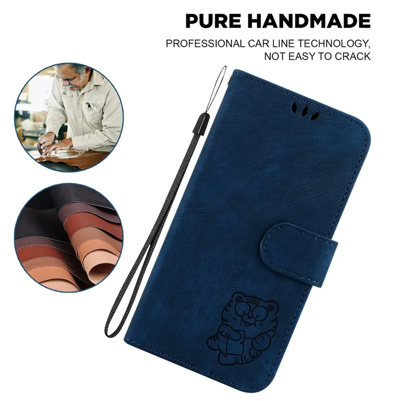 For Google Pixel 8a Case Cute Tiger Imprinted Leather Full Protection Phone Cover - Dark Blue