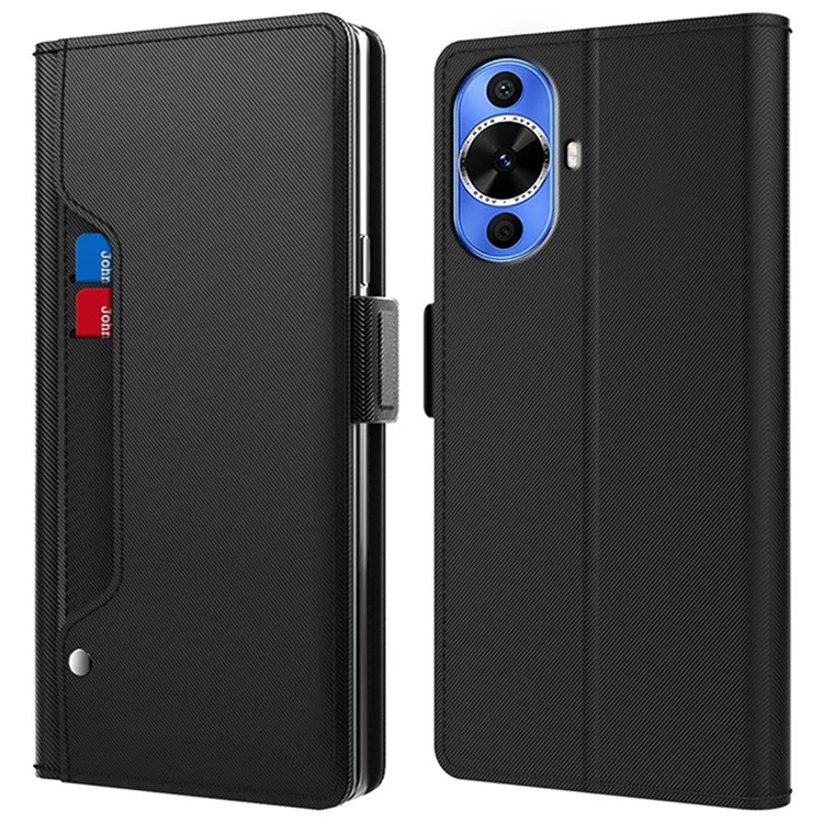 For Huawei nova 12s 4G / nova 11 / nova 12 Lite 4G Case Card Holder PU Leather Stand Phone Cover with Mirror Design - Black