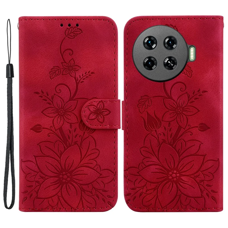 For TECNO Spark 20 Pro+ Wallet Case Leather Flower Imprint Cell Phone Cover - Red