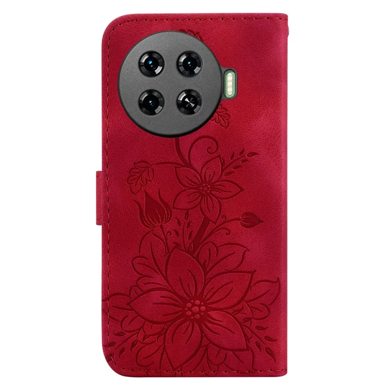 For TECNO Spark 20 Pro+ Wallet Case Leather Flower Imprint Cell Phone Cover - Red