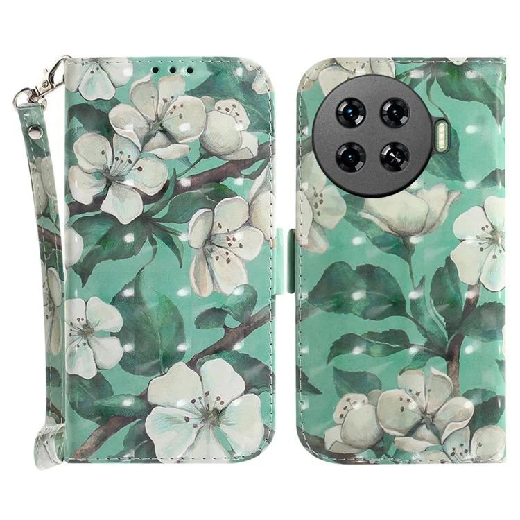 For TECNO Spark 20 Pro+ Case with Strap Pattern Printed Leather Wallet Phone Cover - Watercolor Flowers