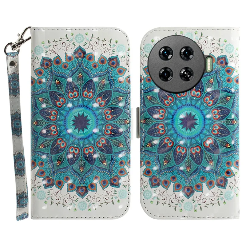 For TECNO Spark 20 Pro+ Case with Strap Pattern Printed Leather Wallet Phone Cover - Peacock Wreath