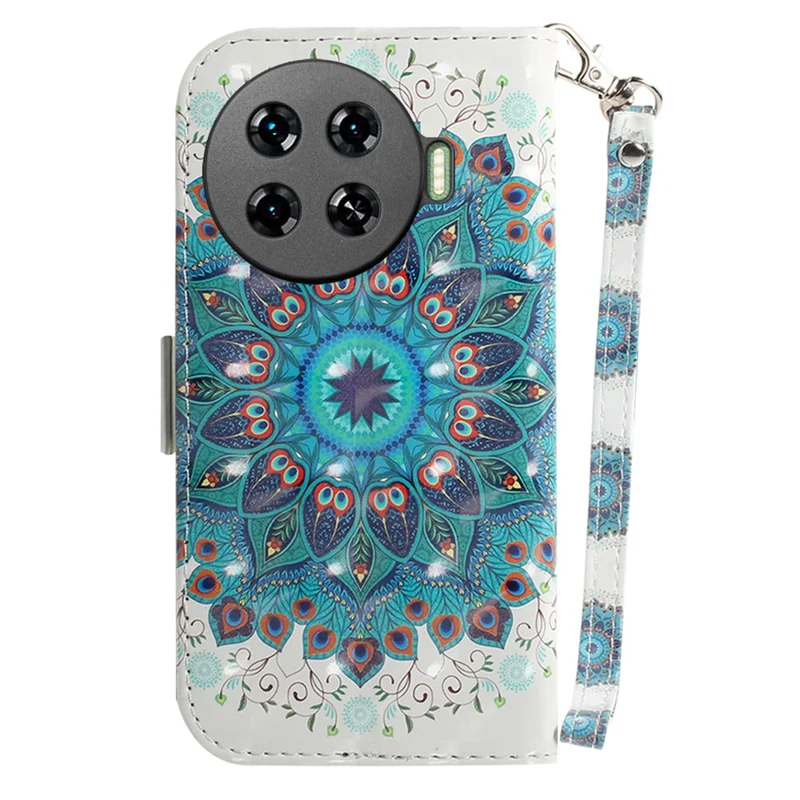 For TECNO Spark 20 Pro+ Case with Strap Pattern Printed Leather Wallet Phone Cover - Peacock Wreath