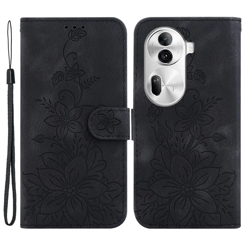 For Oppo Reno11 Pro 5G (Global) Case Wallet Card Slots PU Leather Cover Flower Imprinted - Black