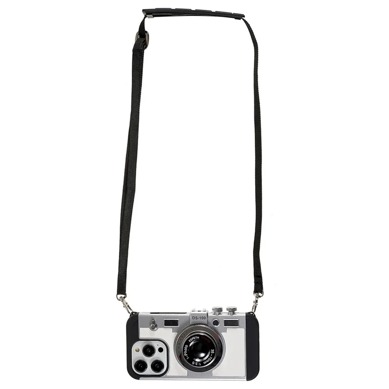 For iPhone 15 Pro Max Case with Lanyard Leather+TPU+PC Phone Cover Camera Design - White