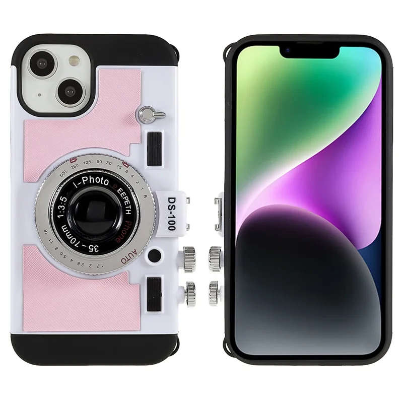 For iPhone 15 Phone Case Camera Style PU Leather+TPU +PC Cover with Lanyard - Pink