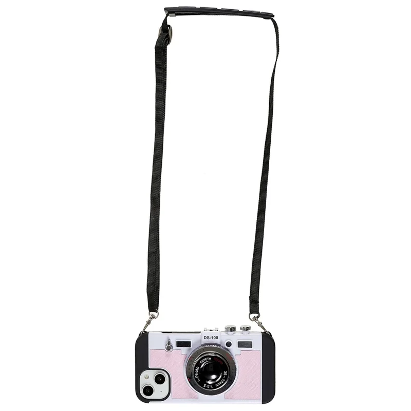 For iPhone 15 Phone Case Camera Style PU Leather+TPU +PC Cover with Lanyard - Pink