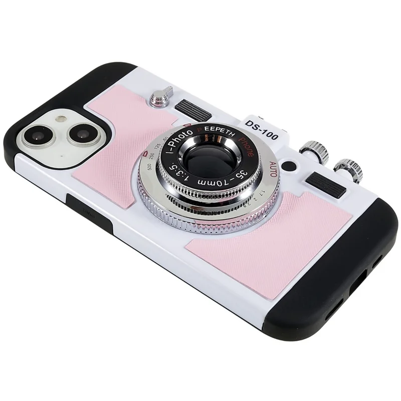 For iPhone 15 Phone Case Camera Style PU Leather+TPU +PC Cover with Lanyard - Pink