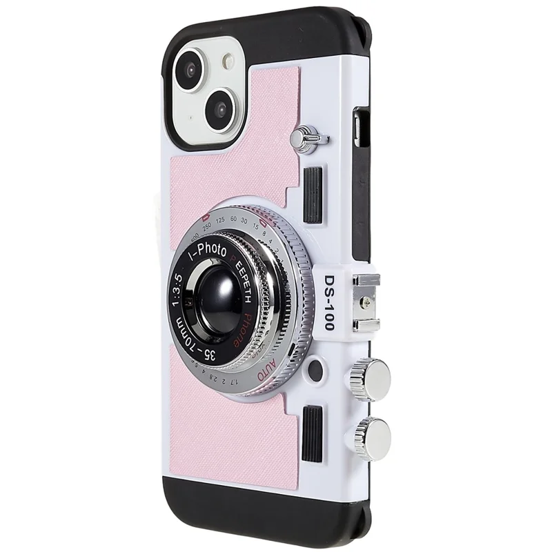 For iPhone 15 Phone Case Camera Style PU Leather+TPU +PC Cover with Lanyard - Pink