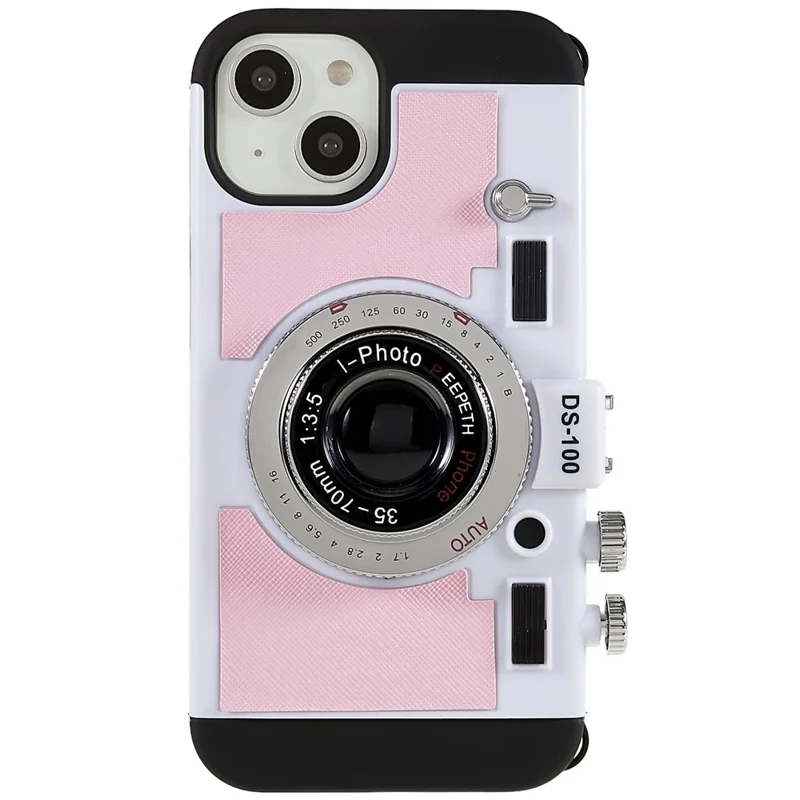 For iPhone 15 Phone Case Camera Style PU Leather+TPU +PC Cover with Lanyard - Pink