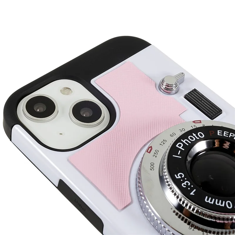 For iPhone 15 Phone Case Camera Style PU Leather+TPU +PC Cover with Lanyard - Pink