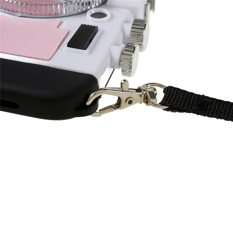 For iPhone 15 Phone Case Camera Style PU Leather+TPU +PC Cover with Lanyard - Pink