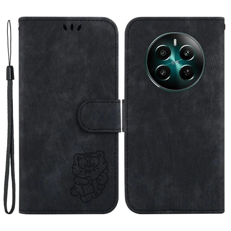 For Realme 12 4G / 12+ 5G / Narzo 70 Pro 5G Wallet Case Cute Tiger Pattern Leather Phone Cover - Black