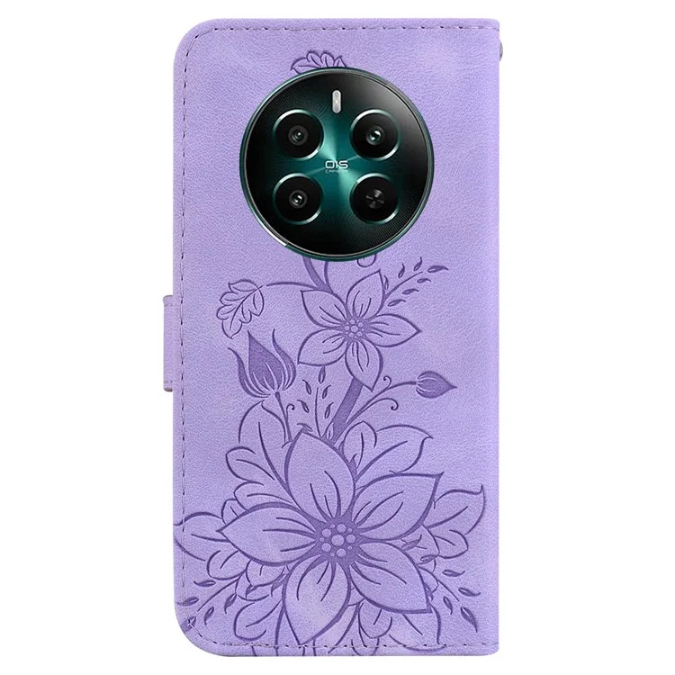 Para Realme 12 4G / 12+ 5G / Narzo 70 Pro 5G Case PU Leather Card Holder Flor Imprinted Phone Cover - Roxo