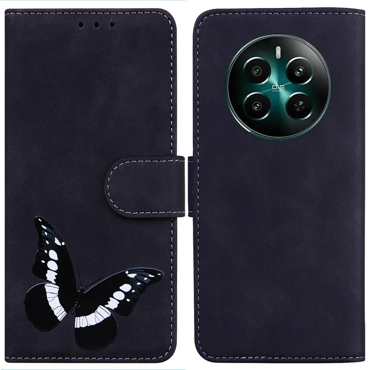 Pour Realme 12 4G / 12+ 5G / Narzo 70 Pro 5G Étui de support de vision Butterfly Leather Wallet Phone Cover - Noir