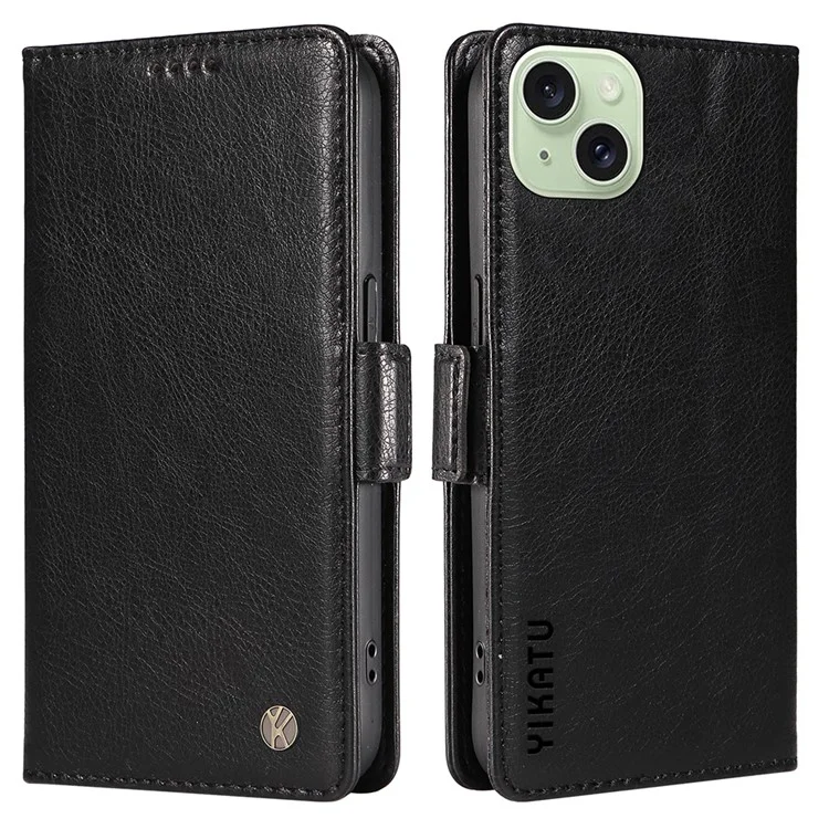 YIKATU YK-007 Funda para iPhone 15 Plus Funda de Billetera de Cuero PU a Prueba de Golpes - Negro