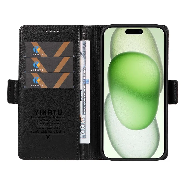 YIKATU YK-007 Funda para iPhone 15 Plus Funda de Billetera de Cuero PU a Prueba de Golpes - Negro