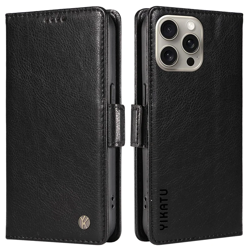 YIKATU YK-007 Voor iPhone 15 Pro Max Hoesje Litchi Structuur Leren Portemonnee Hoes - Zwart