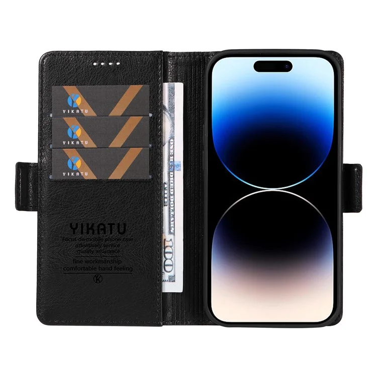 YIKATU YK-007 For iPhone 14 Pro Wallet Case Side Magnetic Clasp PU Leather Phone Cover - Black