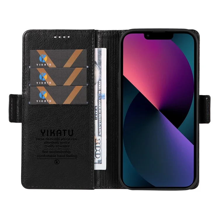YIKATU YK-007 Para iPhone 13 Funda de Cartera Textura de Litchi Cuero Soporte Cubierta del Teléfono - Negro