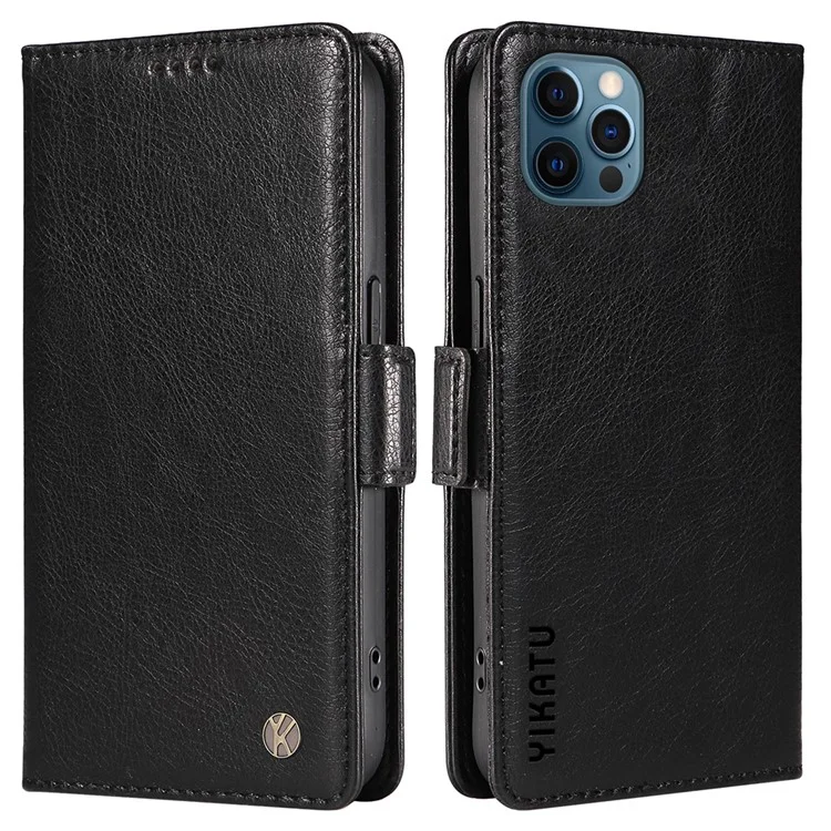 YIKATU YK-007 Für iPhone 13 Pro 6.1 Zoll Hülle Kratzfestes Leder Ständer Telefonabdeckung mit Litchi-Textur - Schwarz