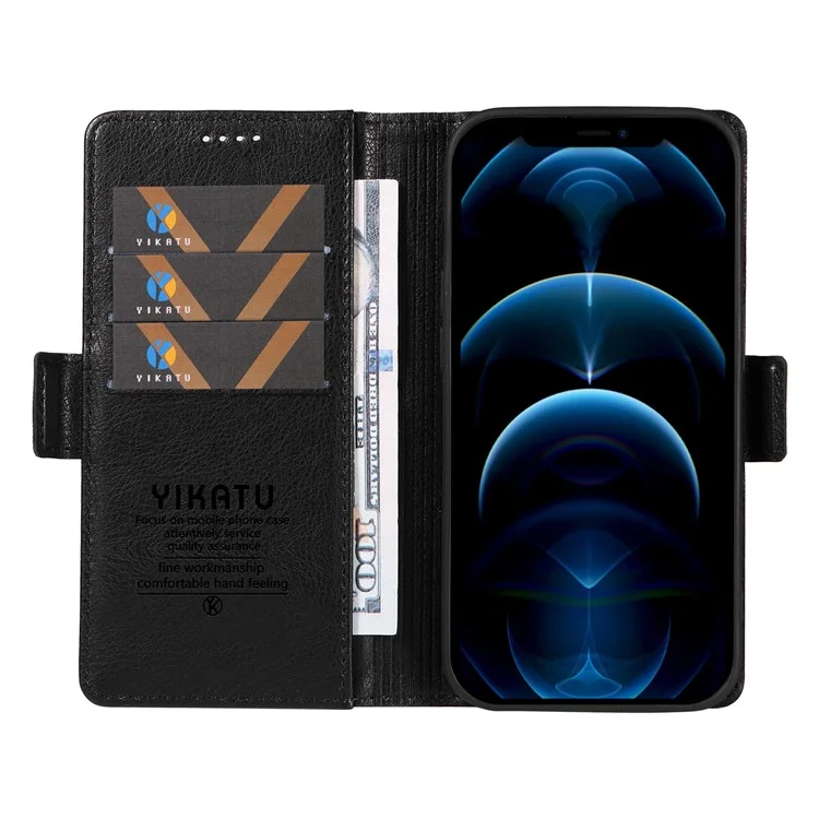 YIKATU YK-007 Hülle für iPhone 12 Pro Max Litchi-Textur PU-Leder Brieftasche Ständer Flip Cover - Schwarz
