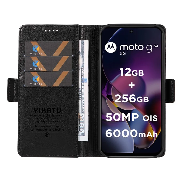 YIKATU YK-007 Capa para Motorola Moto G54 5G Textura de Lichia Capa de Telefone de Couro com Fecho Magnético - Preto