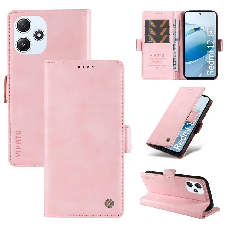YIKATU YK-007 для Xiaomi Redmi 12 4G / 12 5G (Global) / Poco M6 Pro 5G Кожаный чехол с текстурой личи, чехол для телефона - Розовый
