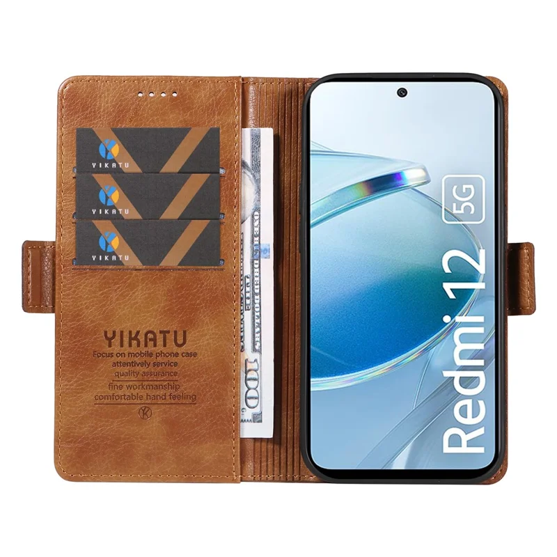 YIKATU YK-007 For Xiaomi Redmi 12 4G / 12 5G (Global) / Poco M6 Pro 5G Lederhülle mit Litchi-Textur - Braun