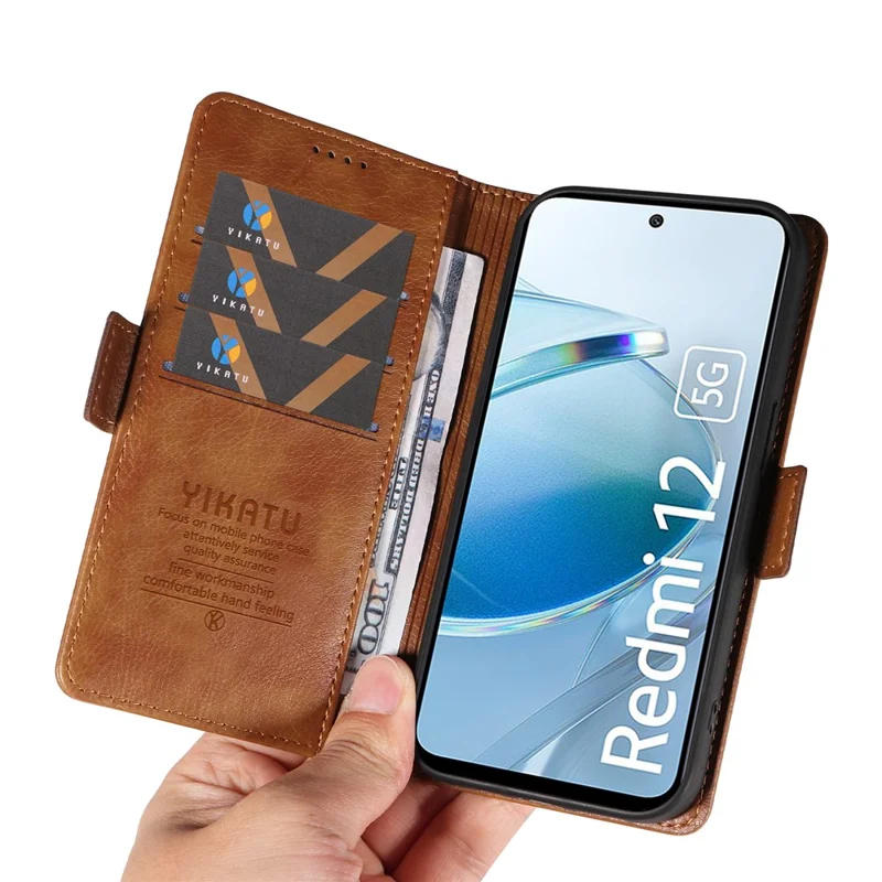 YIKATU YK-007 For Xiaomi Redmi 12 4G / 12 5G (Global) / Poco M6 Pro 5G Lederhülle mit Litchi-Textur - Braun