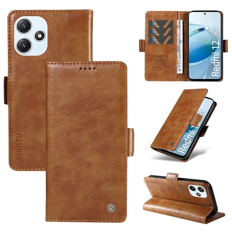 YIKATU YK-007 For Xiaomi Redmi 12 4G / 12 5G (Global) / Poco M6 Pro 5G Lederhülle mit Litchi-Textur - Braun