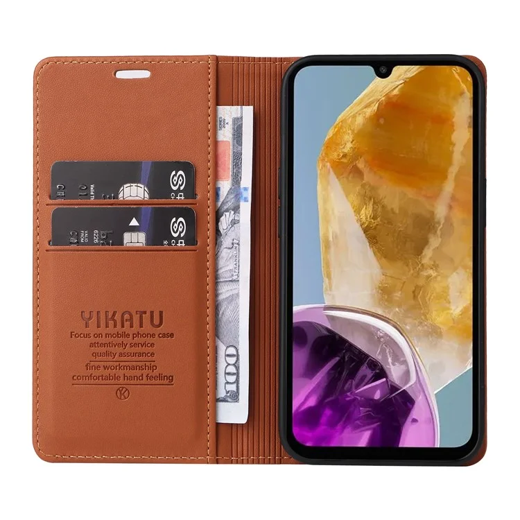 YIKATU YK-001 Чехол для телефона Samsung Galaxy M15 5G, магнитный, кожаный, с амортизирующей защитой - коричневый