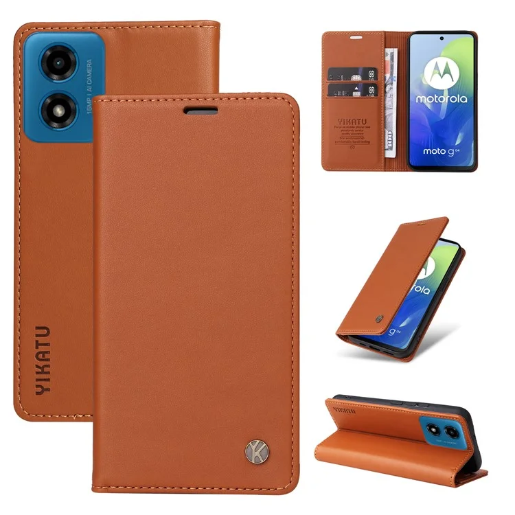 YIKATU YK-001 para Motorola Moto E14 4G / G04 4G / G04s 4G / G24 4G Funda de teléfono celular Cierre magnético de cuero - Marrón