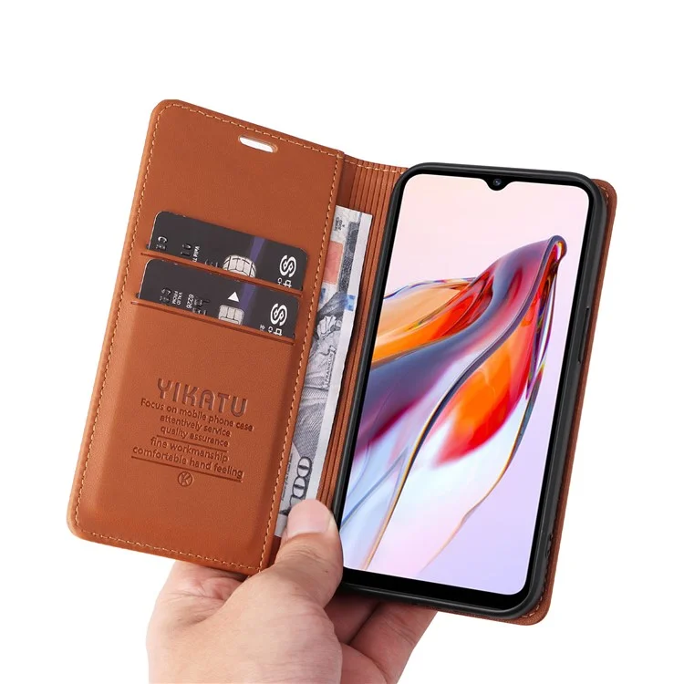 YIKATU YK-001 для Xiaomi Redmi 12C 4G / Redmi 11A 4G Магнитный чехол-книжка кожаный чехол-подставка для телефона - коричневый