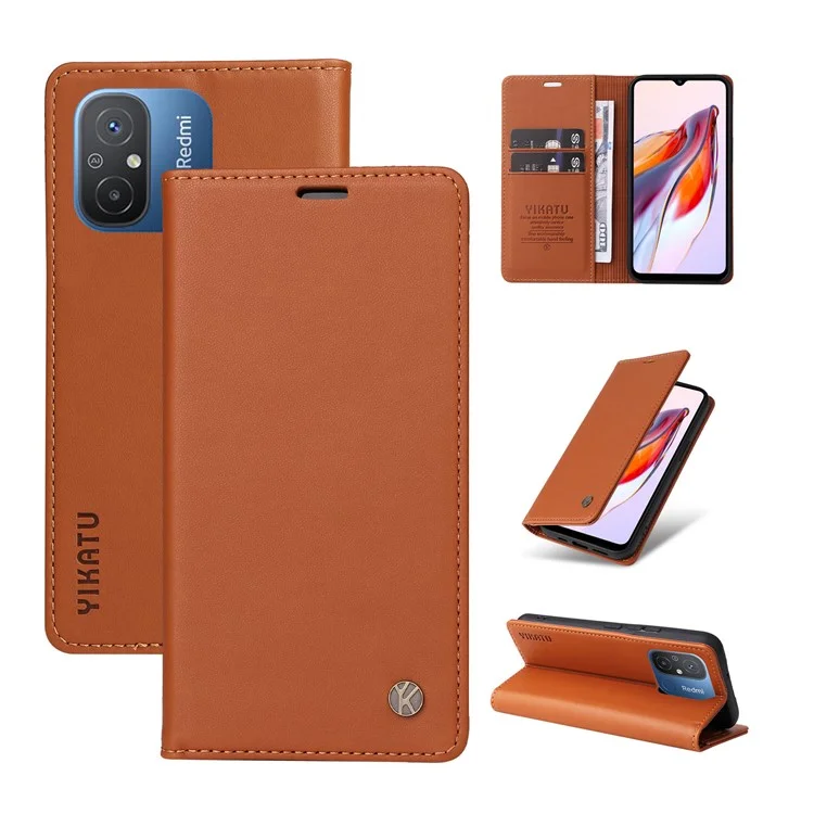 YIKATU YK-001 для Xiaomi Redmi 12C 4G / Redmi 11A 4G Магнитный чехол-книжка кожаный чехол-подставка для телефона - коричневый