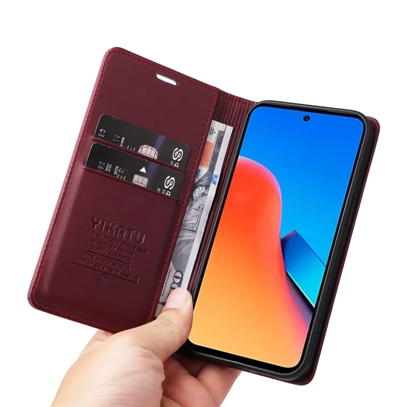 YIKATU YK-001 Per Xiaomi Redmi 12 4G / 5G (Global) / Poco M6 Pro 5G Custodia in Pelle Portafoglio Cover per Telefono - Vino Rosso