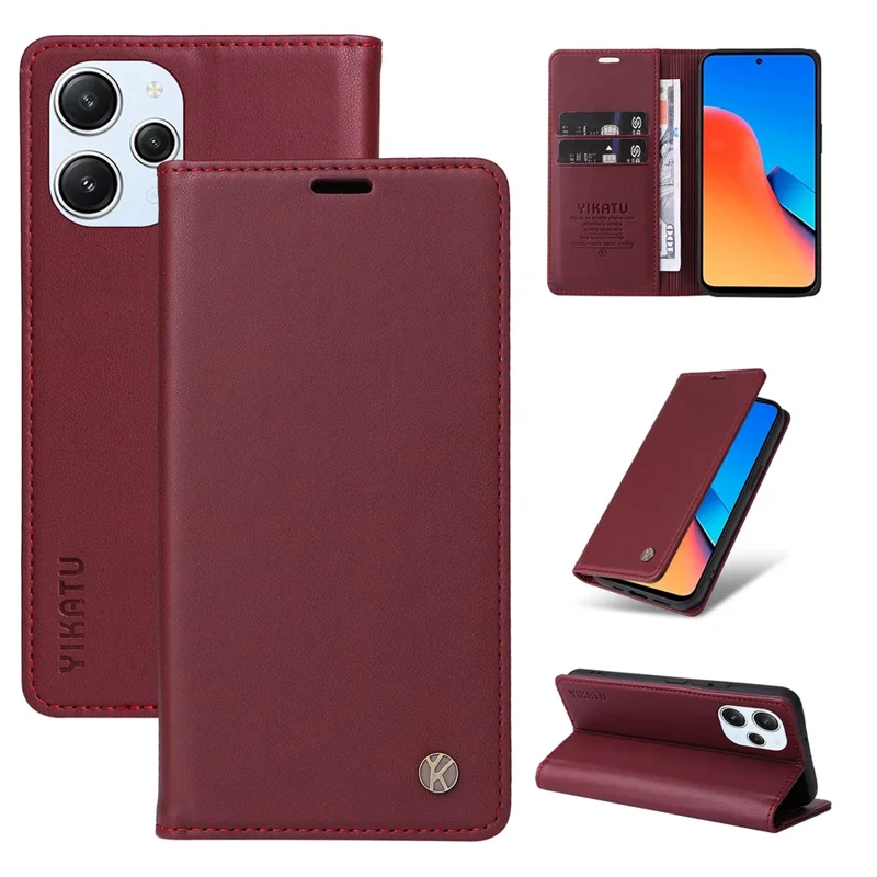 YIKATU YK-001 Per Xiaomi Redmi 12 4G / 5G (Global) / Poco M6 Pro 5G Custodia in Pelle Portafoglio Cover per Telefono - Vino Rosso