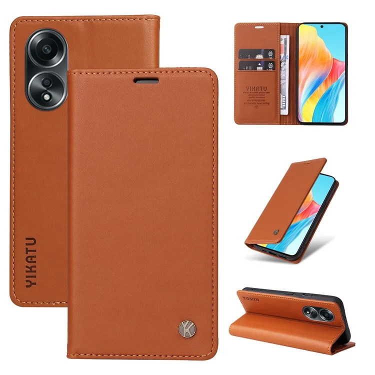 YIKATU YK-001 Para Oppo A58 4G Funda Magnética de Cartera de Cuero Funda de Teléfono Inteligente - Marrón