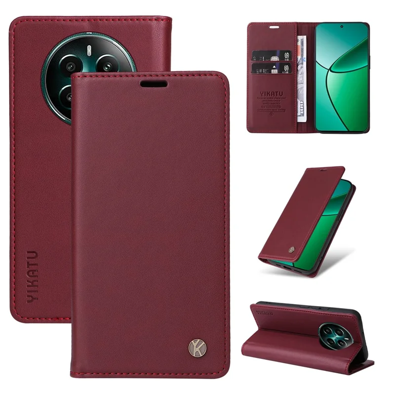YIKATU YK-001 voor Realme 12 4G / 12+ 5G hoesje met magnetische sluiting Lederen telefoonhoes - Wijnrood