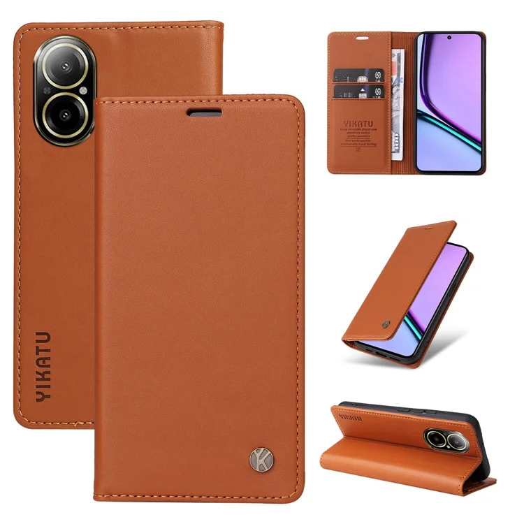 YIKATU YK-001 For Realme C67 4G Case Shockproof Leather Wallet Phone Cover - Brown