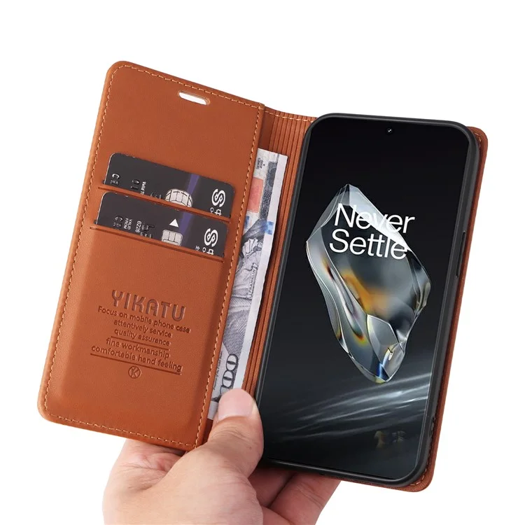 YIKATU YK-001 per OnePlus 12 5G Custodia Portafoglio in Pelle PU Custodia per Telefono Chiusura Magnetica - Marrone