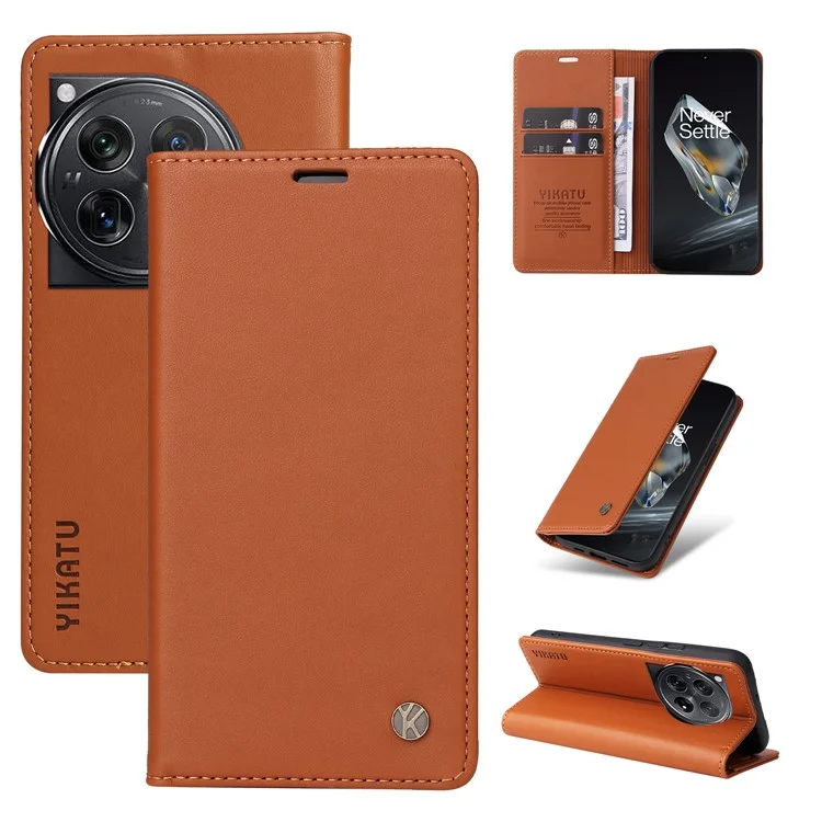 YIKATU YK-001 per OnePlus 12 5G Custodia Portafoglio in Pelle PU Custodia per Telefono Chiusura Magnetica - Marrone