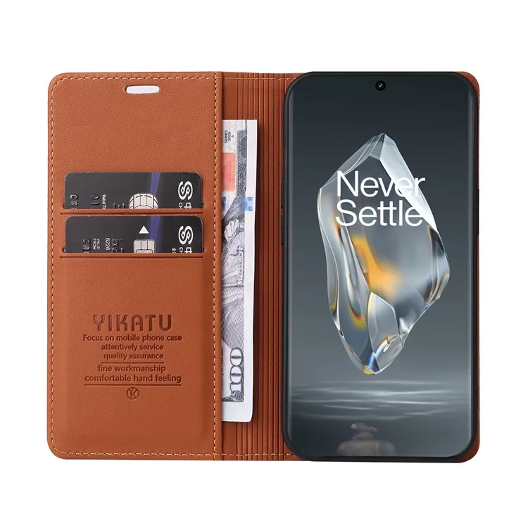 YIKATU YK-001 For OnePlus 12R 5G / Ace 3 5G Case Magnetic Closing Leather Cell Phone Cover - Brown