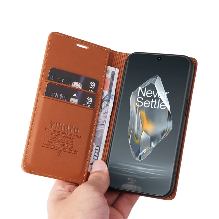 YIKATU YK-001 For OnePlus 12R 5G / Ace 3 5G Case Magnetic Closing Leather Cell Phone Cover - Brown