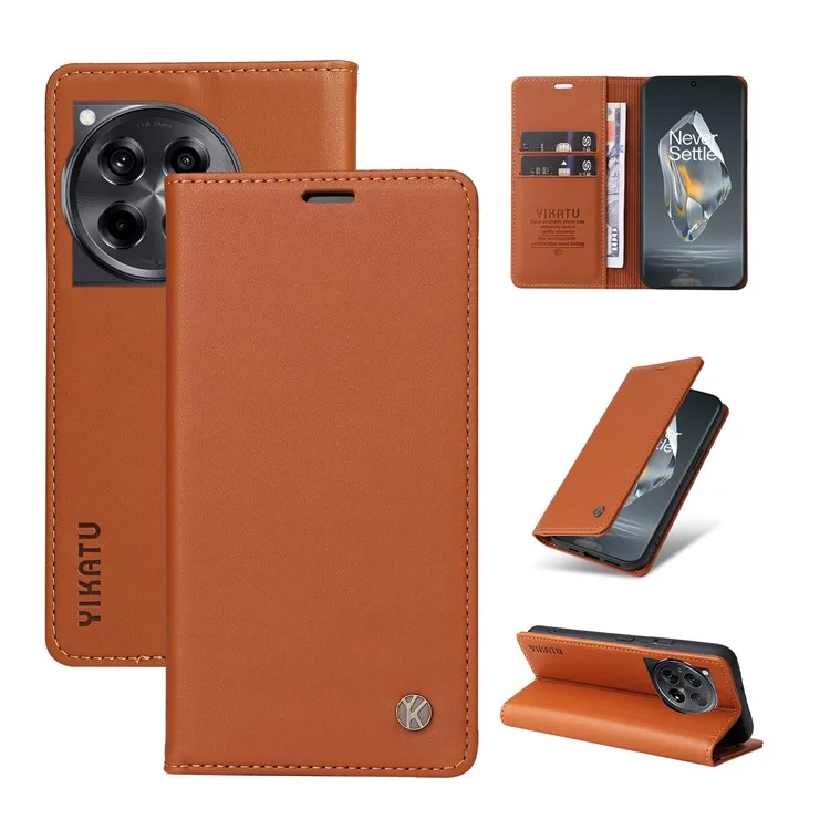 YIKATU YK-001 For OnePlus 12R 5G / Ace 3 5G Case Magnetic Closing Leather Cell Phone Cover - Brown