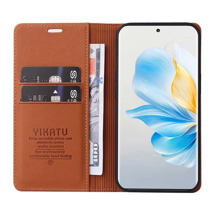 YIKATU YK-001 Para Honor 100 5G Funda de teléfono móvil Protección contra caídas Cubierta de soporte de cuero - Marrón